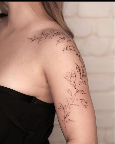 Lily Of The Valley Tattoo Arm Wrap, Arm Wrap Tattoo Design, Lily Wrap Around Tattoo, Shoulder Tattoo Template, Poppy Shoulder Tattoo, Shoulder Fine Line Tattoo, Around Shoulder Tattoo, Lily Tattoo Shoulder, Nani Tattoo