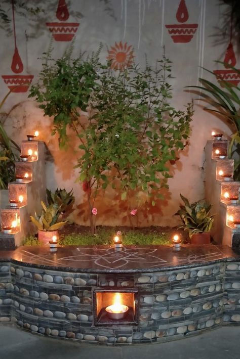 Tulsi Plant Decoration, Tulasi Plant In Balcony, Tulasi Madam Ideas, Mandir In Balcony Ideas, Tulasi Kota Designs In Balcony, Tulsi Decoration Ideas, Tulsi Puja Decoration, Tulsi Plant Decor, Tulasi Pot Design