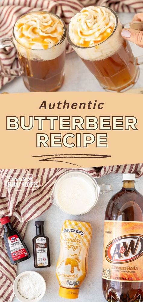 Experience the wonder of Hogwarts with our authentic Butterbeer recipe straight out of the Harry Potter series! Indulge in the rich flavors of butterscotch and cream, topped with a frothy layer of magic. Whether you're hosting a themed party or simply seeking a taste of nostalgia, this recipe is a must-try! Butter Beer Recipe Harry Potter, Harry Potter Butterbeer, Harry Potter Treats, Harry Potter Drinks, Harry Potter Snacks, Harry Potter Parties Food, Harry Potter Movie Night, Harry Potter Butter Beer, Butterbeer Recipe