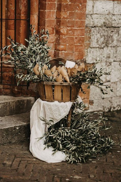 Olive Branch Theme Party, Bouquet With Olive Branches, Olive Leaves Confetti, Wedding Decor Olive Branches, Olive Branch Party Decor, Italian Wedding Bouquet Olive Branches, Wedding Flowers With Olive Leaves, Tuscany Style Wedding Decor, Olive Foliage Wedding