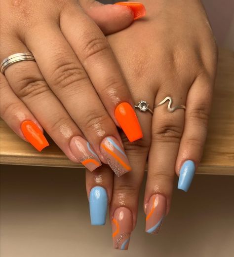 Top 22  Blue and Orange Nail Designs for 2024 that are a Must-Try Blue Orange Nails Acrylic, Blue And Orange Checkered Nails, Orange And Blue Acrylic Nails Designs, Orange Snd Blue Nails, Pastel Blue And Orange Nails, Orange And Teal Nails Summer, Blue Green Orange Nails, Aqua And Orange Nails, Orange Holiday Nails Summer