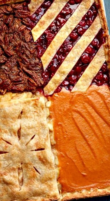 Four-Flavor Sheet Pan Pie ❊ Sheet Pan Pie, Slab Pie Recipes, Pies Recipes, Thanksgiving Pie, Slab Pie, Messy Kitchen, Pie Crusts, Healthy Recipes Easy Snacks, Thanksgiving Pies