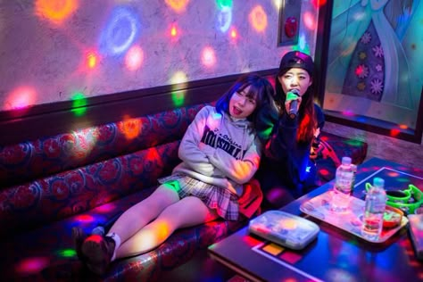 North Korean defectors Kyoung-ok and Sarah having fun at a norebang near Yangjae, Seoul, South Korea, 2016, photograph by Caitlin O'Hara. South Korea Clubbing, Karaoke Aesthetic Korean, Korean Night, English Project, Korea Trip, Night Clubs, Fun Life, Resin Design, Korea Travel