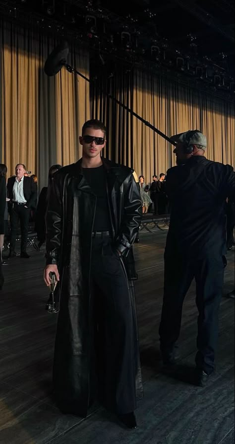 Black High Fashion Outfit Men, Trench Coat Outfit Men Aesthetic, Matrix Inspired Outfit Men, Men Model Aesthetic, Campy Fashion Men, Men’s Fashion Poses, Leather Trench Coat Outfit Men, Matrix Outfit Men, Runway Outfits Men