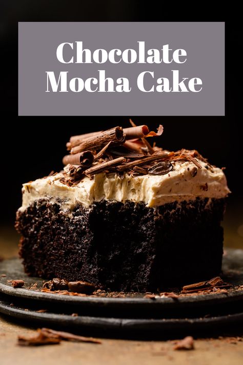 The only thing better than classic chocolate cake… is chocolate cake slathered in mocha buttercream frosting! Instant espresso powder enhances the chocolate flavor and gives the white chocolate buttercream it’s delicious mocha flavor. A must-bake for coffee lovers! #cake #chocolatecake #mochacake Chocolate Cake Espresso Powder, Chocolate Cake With Espresso Buttercream, Chocolate Coffee Flavored Cake, Small Chocolate Coffee Cake, Chocolate Coffee Sheet Cake, Chocolate Cake Frosting Design, Mocha Espresso Cake, Easy Mocha Cake, Mocha Sheet Cake