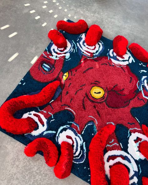 Octopus 🐙 3D rug In stock ✨ Shipping worldwide 🌎 . . . . . #octopus #customrug #customrug #mitsurikanrojicosplay #murakamitakashi #rugdesign #rug #octopus🐙 #tufting #octopusart #rugmaking #tuftinggun #rugmaking #tufting #rugsusa Punch Needle Rugs, Rug Tufting Ideas, Rugs Aesthetic, 3d Rugs, Octopus Rug, 3d Octopus, Tuft Rugs, Tufting Art, Tufting Rugs