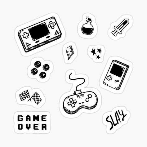 Fun retro video games sticker pack in black and white Retro Video Game Tattoo, Small Gaming Tattoos For Men, Video Games Tattoo Ideas, Gaming Stickers Design, Gaming Flash Tattoo, Small Gaming Tattoo, Gamer Doodles, Game Controller Tattoo, Gameboy Drawing