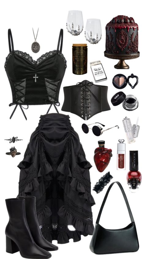 Glam Goth Outfits, Goth Birthday Outfit, Gothic Style Outfit, Corset Gothic Outfit, Vamp Outfit, Goth Stuff, Goth Outfit, Gothic Glam, Outfit Birthday