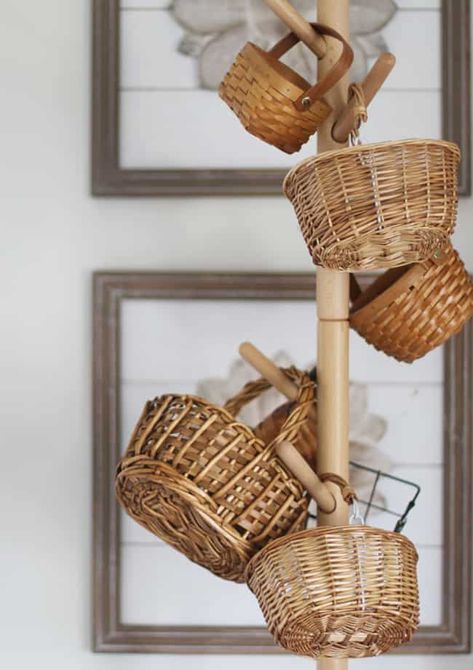 How To Store Baskets, How To Display Baskets, Basket Display Ideas, How To Decorate With Baskets, Wicker Basket Decor Ideas, Decor With Baskets, Decorating With Baskets, Basket Tree, French Country Crafts