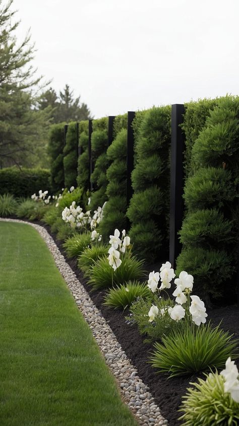 Sun-Kissed Sanctuary: 15 Fence Line Landscaping Ideas for Full Sun Backyards - Fads Lush Front Yard Landscaping, Front Walkway Flower Bed Ideas, Simple Garden Beds In Front Of House, Bushes As Fencing, Planter Along Fence Line, Against The Fence Landscaping, Hoa Landscaping Ideas, Planter Box Landscaping, Front Yard Landscaping Privacy Ideas