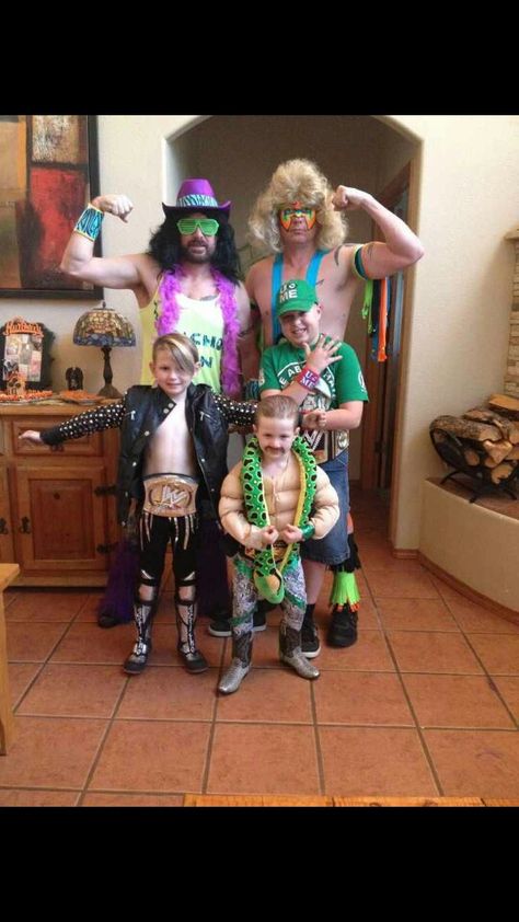 Jake The Snake Costume, Macho Man Halloween Costume, Wwe Group Costume, 80s Wrestlers Costume, Wrestlers Halloween Costumes, Wrestling Family Costumes, Family Wrestler Costumes, Wwe Family Costumes, Wwe Wrestlers Costumes