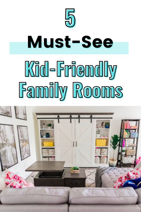 Is it possible to create a kid-friendly family room that still looks like adults live there too? Absolutely! Just follow these tips and find inspiration to create a safe and comfortable space for everyone to enjoy. Living Room Inspiration Kid Friendly, Fun Family Room Ideas, Family Room Playroom Combo Layout, Kids Tv Room Ideas, Child Friendly Living Room, Playroom Living Room Combo, Kid Friendly Living Room Ideas, Kid Friendly Family Room, Kids Tv Room