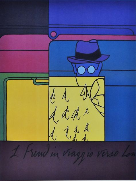 Valerio Adami, Sigmund Freud in viaggio verso Londra, four-color print, contemporary Italian artist, New figuration, best comics, Best Comics, Decor Mural, Italian Painters, Team Board, Sigmund Freud, Italian Language, Post Impressionists, Window Shopping, Mothersday Gifts