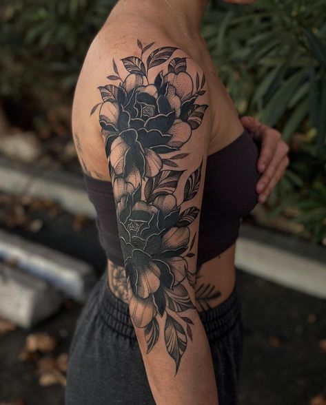 💕Bad Juju💕 | Some black work peonies 💕 lil cover up action. Swipe to see what we covered 👀 #badjujutattoo #tattooideas #tattoocoverup #tattoostyle… | Instagram Pretty Tattoo Cover Ups, Black And Red Tattoo Sleeve For Women, Bold Flower Tattoo Black, Black Work Peony Tattoo, Dark Flower Cover Up Tattoo, Large Dark Cover Up Tattoos For Women, Cover Up Tattoos Large, Inner Bicep Tattoo Women Half Sleeves, Dark Leaf Tattoo