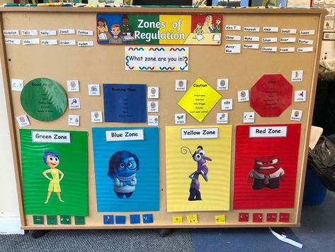 This resource was selected, as it would serve great purpose as intentional classroom decor. Students are able to relate their emotions back to the Zones, helping to develop their social-emotional skills. Photo taken from: https://www.pinterest.ca/pin/794674296754975488/ Interactive Zones Of Regulation Bulletin Board, Emotion Classroom Display, Self Regulation Display, Calming Down Corner Classroom, Emotion Display Board Eyfs, Zones Of Regulation Classroom Display, Self Regulation Eyfs Ideas, Zones Of Regulation Sensory Room, Semh Classroom Displays