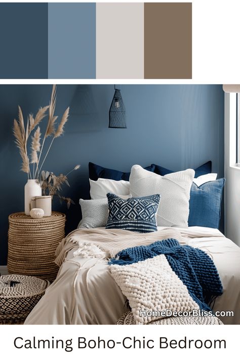 Cozy Bohemian Bedroom: Blue and Neutral Color Scheme Bedroom Color Blue, Blue Duvet Cover Master Bedrooms, Blue Tones Bedroom, Bedroom 2 Tone Color Ideas, Blue Color Bedroom, Navy Attic Bedroom, Blue And Stone Bedroom, Blue Wall Painting Ideas Bedrooms, Smokey Blue Bedroom Ideas