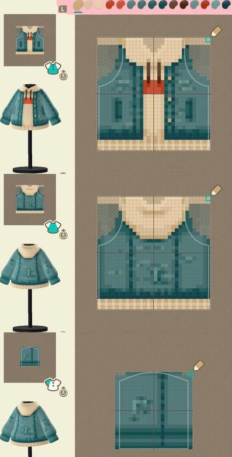 Outfits In Animal Crossing, Acnh Hoodie Patterns, Acnh Jean Jacket Design, Cool Animal Crossing Outfits, Acnh Cool Clothes, Animal Crossing Clothes Template, Acnh Pixel Art Clothes, Pixel Art Animal Crossing Clothes, Animal Crossing Design Template