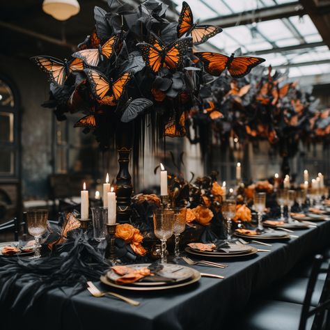 Enchanted Halloween Centerpieces and Tablescapes: Dark Academia and Butterflies Natal, Halloween Elegant Decor, Dark Academia Table, Orange Tablescape, Halloween Bed, Fantasy Birthday, Moody Halloween, Witches Tea, Mysterious Beauty