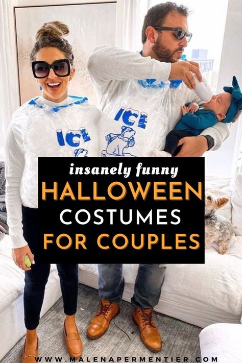 Funny Couples Halloween Costume Ideas Couple Halloween Costumes Short Guy, Hole In One Couples Costume, Escaped Prisoner Costume, Office Couples Costumes, Halloween Costumes Couples Tall And Short, Halloween Costumes Couples Bald Man, Netflix And Chill Costumes Couple, Alan From The Hangover, Funny Couple Halloween Costumes Diy