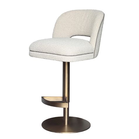 Create a wow-worthy interior with the Calista Swivel Bar Stool in Bouclé cream. Featuring brass swivel base, the solid frame holds an armless back that is open at the bottom before the seat. Its stylish silhouette is accentuated with black faux leather piping. Call us today for latest offers and to secure your order. Cream Dining Room, Marble Stools, Cream Bar Stools, Dining Room Luxury, Luxury Bar Stools, Luxury Bar, Bar Stools With Backs, Extension Ideas, Swivel Counter Stools