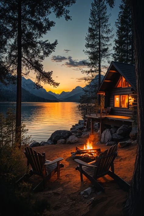 Twilight Magic Lake Cabin Aesthetic, Cabin By Lake, Cabin Aesthetic, Lakeside Cabin, Lake Cabin, House Cabin, Boho Chic Bedroom, Serene Bedroom, Fantasy Homes