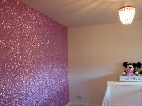 Pink glitter walls Pink Walls Bedroom, Pink Sparkle Wallpaper, Pink Glitter Paint, Glitter Wallpaper Bedroom, Glitter Accent Wall, Glitter Bedroom, Pink Painted Walls, Paint For Walls, Glitter Paint For Walls