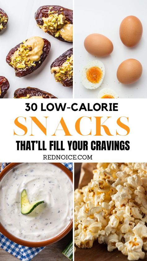 A collection of low-calorie snacks under 200 calories! The pin features low-cal snacks including hard-boiled eggs, salted popcorn, Greek yogurt dip with dills and cucumber slices, and peanut butter spread on dried dates with chopped pistachios. 100 Calorie Snacks, Snacks Under 200 Calories, Snacks Under 200, Low Calorie High Protein Snacks, 200 Calorie Snacks, Low Cal Snacks, Low Calorie Fruits, Low Fat Snacks, Curb Cravings