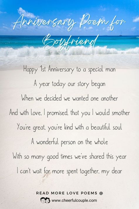 Romantic White Beach PIcture with Cute and Sweet 1st Year Anniversary Poem for Him New Year Promise To Boyfriend, One Year Anniversary Poems For Him, 1st Year Love Anniversary Quotes, 1 Year Anniversary Message For Him, One Year Anniversary For Boyfriend, Anniversary Poem For Husband, Love Letter To Husband On Anniversary, One Year Dating Anniversary Quotes, 1st Anniversary Wishes For Boyfriend