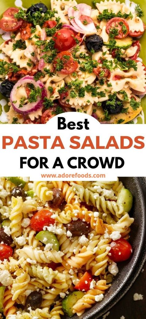 These delicious cold pasta salad recipes are easy to make and perfect for a crowd, picnics, potlucks, and parties. Quite fast and easy to put together, summer pasta salads can also be served as a tasty entrée or side for lunch or dinner. Choose from tons of varieties that are delicious. Pastas For A Crowd, Make Ahead Pasta Salad For A Crowd, Crowd Pleasing Pasta Salad, Summer Lunches For A Crowd, Pasta Salads For Parties Side Dishes, Cold Pasta Recipes Easy, Cold Lunch Salads, Pasta Salad Recipes For A Crowd, Pasta Salad Recipes Bowtie