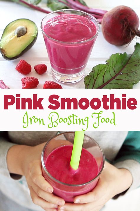 Pink Iron Boosting Smoothie, for babies + kids + adults.  Simple to prepare, yummy and super charged with iron + vitamin C to help your baby/kids proper body development. via @buonapappa High Iron Smoothies, Iron Rich Smoothie Recipes, Iron Rich Smoothie, Iron Diet, Baby Smoothies, Pink Iron, Toddler Smoothies, Pink Smoothie, Iron Vitamin