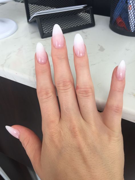 French ombré almond shaped French Ombre Acrylic Nails Almond, Faded French Nails Almond, Ombré Pink White Nails, French Ombre Tip Nails, Ombré Nails Almond Shape, Nail Ideas Ambre, American Almond Nails, Almond Boomer Nails, Ombre French Nails Almond Shape