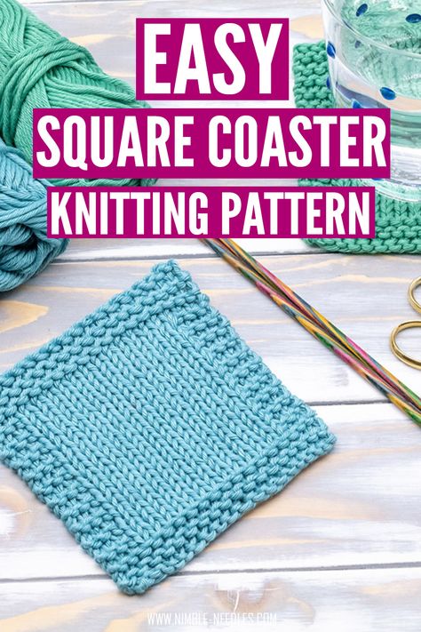 Small Beginner Knitting Patterns, Easy Knit Coasters, Knitted Coasters Easy, Around The Square Knitting Pattern, Knitted Square Coaster Patterns, How To Knit Coasters, Easy Knitting Patterns Free Beginner Dishcloth, Knitting Patterns Coasters, How To Sew Knitted Squares Together