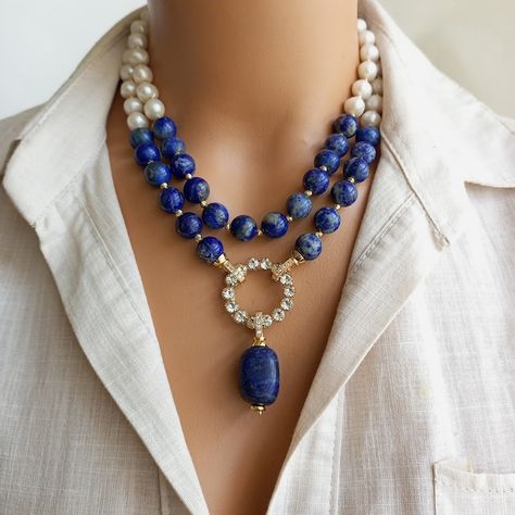 GMentorJewelry - Etsy Israel Blue Stones Jewelry, Handmade Statement Necklace, Blue Statement Necklace, Pearl Statement Necklace, Blue Charm, Unique Anniversary Gifts, Lapis Lazuli Necklace, Necklace Pearl, Handmade Jewelry Gift