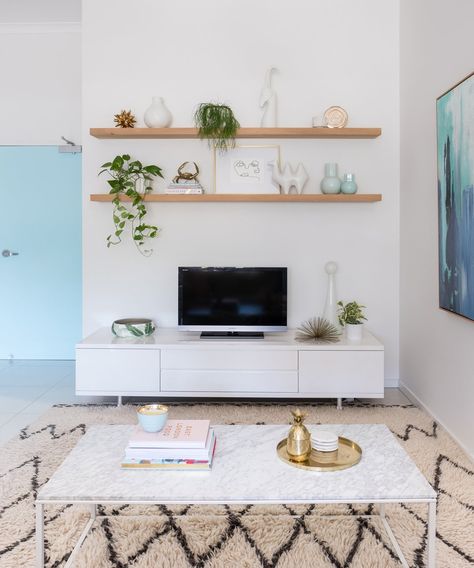 Our Kasbah Moroccan Wool Rug making a statement in this living room reveal, seen on Adore Mag! Tv Wall Decor Ideas, Living Room Reveal, Tv Wall Decor, Tv Decor, Living Room Tv Wall, Room Remodeling, White Furniture, Living Room Decor Apartment, New Living Room