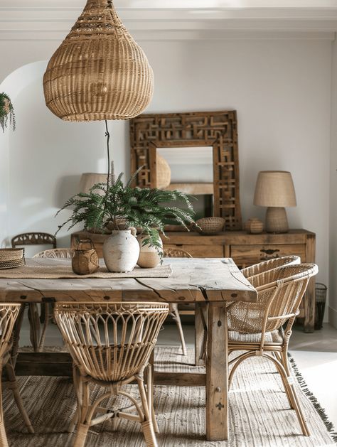 Boho Dining Room Designs: Rattan Chairs and Rustic Wooden Table Dining Room With Wicker Chairs, Tulum Dining Room, Boho Dinner Table, Bohemian Kitchen Table, Holistic Decor, Bohemian Dining Table, Rustic Dining Room Ideas, Boho Farmhouse Dining Room, Rustic Dining Room Chairs