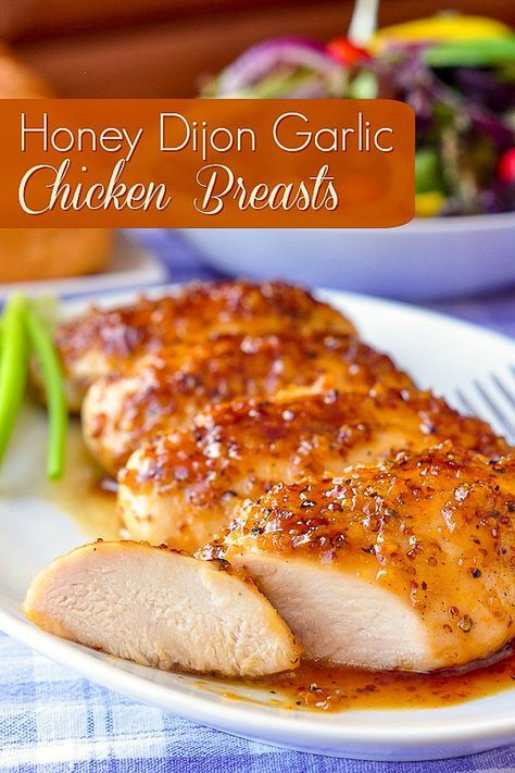 Honey Dijon Garlic Chicken Breasts. Boneless skinless chicken breasts quickly baked in an intensely flavoured honey, garlic and Dijon mustard glaze. #chickendinner #quickandeasymeals #mealprep #mealplanning #chickenbreastrecipes Quick Delicious Dinner, Honey Dijon, Think Food, Boneless Skinless Chicken, Idee Pasto Sano, Honey Garlic, Garlic Chicken, Boneless Skinless Chicken Breast, Poultry Recipes