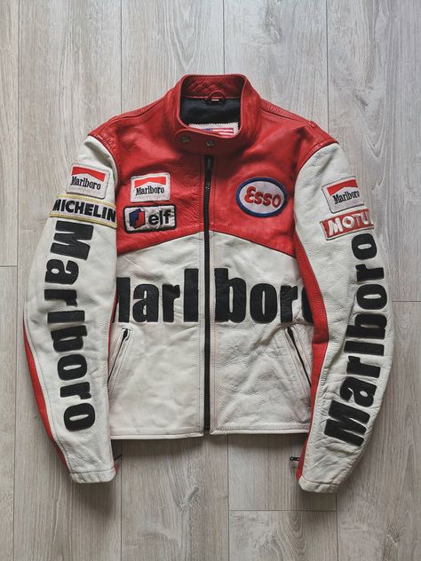 Vintage 🔥Vintage MARLBORO racing leather jacket Redbull Jacket Vintage, Vintage Racing Jacket Mclaren, Malboro Vintage Jacket, Race Car Leather Jacket, Vintage Mens Jacket, Vintage Race Jacket, Vintage Motor Jacket, Racing Jacket Outfit Men, Vintage Racing Jacket Outfit