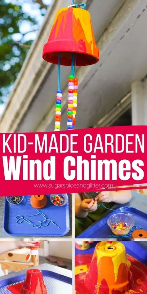 How to make a flower pot wind chime craft for kids - a simple process art activity that makes a great homemade gift add ands some pretty whimsy to your garden Flower Pot Preschool Craft, Backyard Crafts For Kids, Cottage Crafts For Kids, 4h Crafts For Kids, Clover Kids Projects 4-h, Grandma Crafts For Kids, Wind Chimes Kids, Grandkid Crafts, Garden Wind Chimes