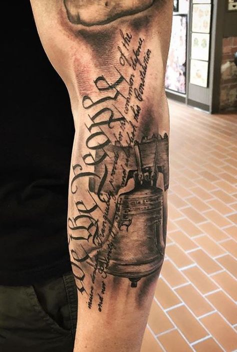 75 Patriotic “We the People” Tattoos and Ideas - Tattoo Me Now Patriotic Leg Tattoos For Men, Er Tattoo, We The People Tattoos, Military Sleeve Tattoo, American Flag Sleeve Tattoo, Ideas For Tattoos, Bell Tattoo, People Tattoos, Belle Tattoo