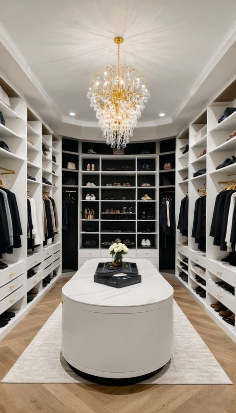 ✨ Closet goals, anyone? ✨  This walk-in closet is all about style, space, and that wow factor! From custom shelves to keep everything organized to the stunning chandelier lighting up the room, it’s the perfect blend of function and luxury. 🖤  📍 Love this look? TRU Home Pros can make it happen! Serving Sarasota, Tampa, Naples, and more.  👉 Let’s create your dream closet: https://truhomepros.com/get-a-quote/  #ClosetInspo #CustomCloset #ClosetGoals #TRUHomePros #FloridaLiving #HomeUpgrade White Luxury Closet, Wow Factor Interior Design, Large Walk In Closet With Island, Sliding Ladder Closet, Walk In Closet Mansion, Luxurious Closets Walk In, Closet Inspo Walk In, Walk In Closet Chandelier, Men’s Closet Ideas