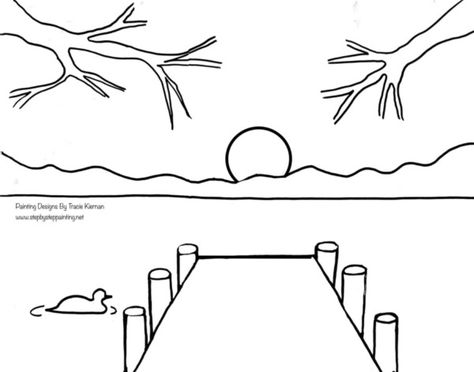 Painting Templates - 100+ Free Templates For Canvas Painting Pier Drawing Simple, How To Draw A Bridge Step By Step, How To Draw A Lake, How To Draw A Sunset, How To Draw Sunset, Lake Drawings Easy, Lake Doodle, Pictures To Color, Nature Art Drawings