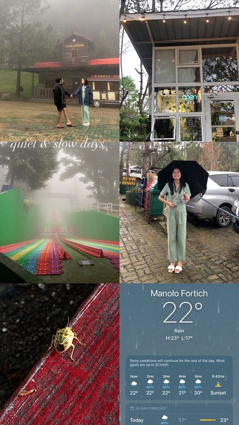 small insect. rainy weather. weekend vibes. mountain cafe Nature, Rainy Layout Ideas, Weather Instagram Story, Park Instagram Story, Rainy Day Instagram Story, Dahilayan Adventure Park, Slow Days, Rainy Day Aesthetic, Instagram Graphics