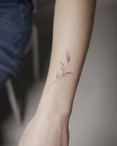 Tattoo Leaves Wrist, Tricep Tattoos Women Fine Line, Fine Line Leaves Tattoo Arm, Olive Branch Wrist Wrap Tattoo, Vine Fine Line Tattoo, Dainty Leaves Tattoo, Small Ivy Tattoo, Side Thumb Tattoos, Leaf Tattoo Hand