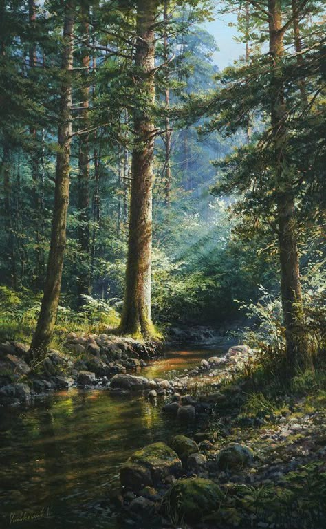 River Paintings Acrylic, Realistic Forest Painting, Forest River Painting, Canvas Painting Nature Landscapes, Acrylic Forest Painting, Forest Art Painting, Forest Painting Acrylic, Pine Forest Painting, Peacock Background