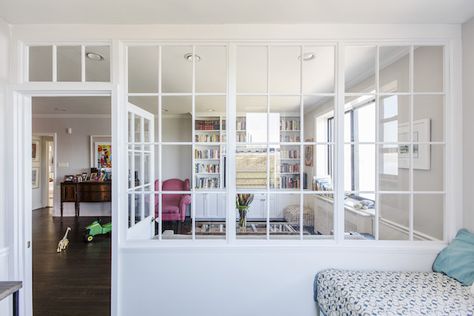 Stealing this interior wall of windows idea for a guest bedroom! Living Room Kitchen Partition, Glass Partition Wall, Glass Room Divider, Indoor Window, Superior Room, Glass Room, Interior Windows, Glass Partition, Partition Wall