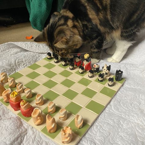 Handmade chess set Cat Chess Board, Cat Chess Pieces, Clay Chess Board Diy, Cat Chess Set, Chess Set Ceramic, Handmade Ceramic Chess Set, Homemade Chess Board, Handmade Chess Board, Cute Chess Set