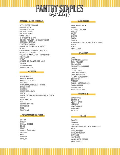 A FREE Pantry Staples Checklist to help you know what to try and keep on hand in the pantry for cooking and baking. Also, information about how long this food lasts in the pantry! Pantry And Fridge Essentials, Food Staples To Have, Budget Pantry Staples, Pantry Must Haves Staples, Staples To Have In Your Pantry, Kitchen Food Staples, Fridge Must Haves Food Grocery Lists, Healthy Pantry Staples List, House Hold Essentials List