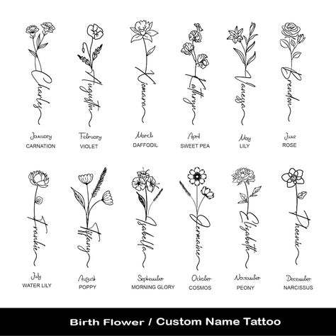 Birth Flower Name Tattoo, Flower Name Tattoo, Husband Name Tattoos, Daughters Name Tattoo, Flower Tats, Name Flower Tattoo, Name Tattoos For Moms, Kid Name Tattoo, Baby Name Tattoos