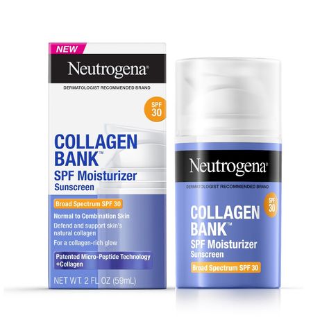 Collagen makes up around 70% of skin’s foundation* and is vital for youthful looking skin. Starting in your 20’s you lose 1% of collagen each year. Defend and support skin’s natural collagen. Visibly glowing, plump skin in 1 week with NEW Neutrogena Collagen Bank Facial Moisturizer with SPF 30 Sunscreen. instantly skin feels moisturized. Face cream is boosted with patented micro-peptide technology, developed with dermatologists, and is 2x smaller than leading anti-aging peptides to penetrate mor Spf Face Moisturizer, Plump Skin, Retinol Eye Cream, Natural Collagen, Skin Collagen, Acne Control, Lightweight Moisturizer, Body Sunscreen, Sunscreen Moisturizer