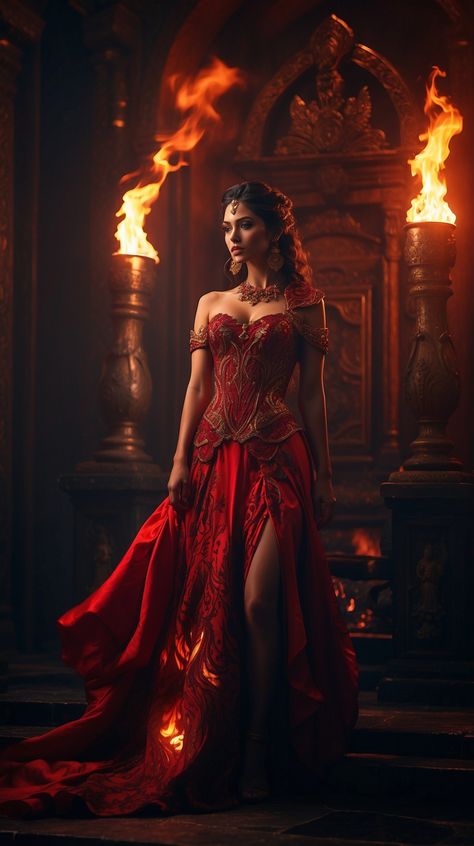 Mythology Photoshoot, Fire Queen Aesthetic, Red Fire Dress, Empress Aesthetic Red, Persephone Dress, Red Gown Fantasy Aesthetic, Luxury Fitted Red Medieval Dress, Red Sorceress Art, Red And Black Fantasy Dress Art